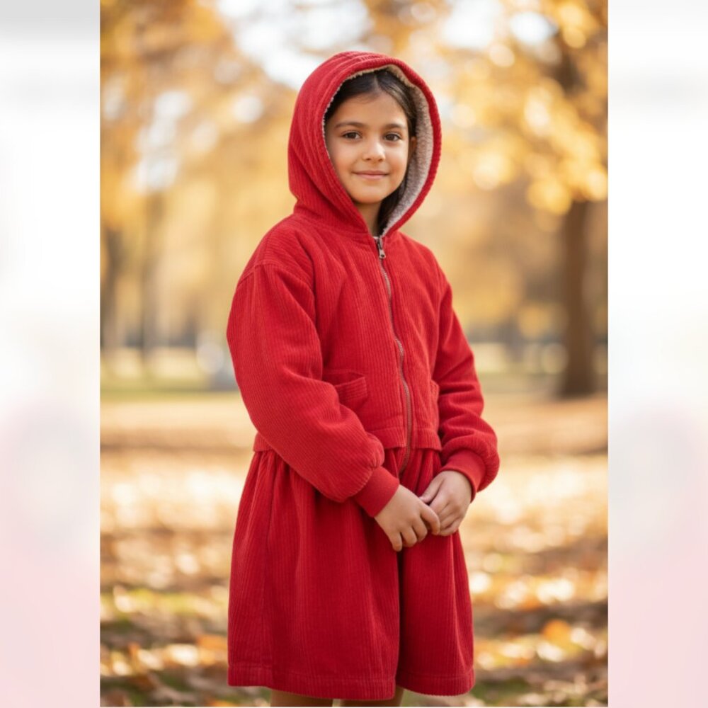 NWOT STEM Corduroy Girls Coat Dress Red Fleece / Fur Lined SZ-7 Red Hooded